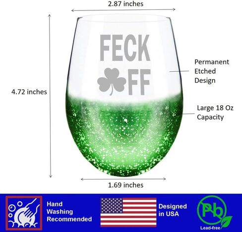 St. Patricks Day Gifts, Lucky Shamrock Irish Clover Stemless Engraved Green Wine Glass in Kuwait