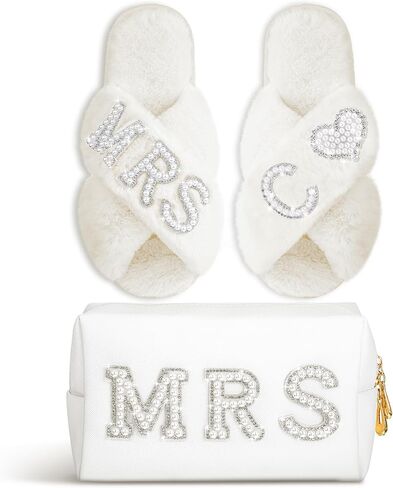 Xtinmee Personalized Initial Wedding Bride Slippers MRS Pearl Letter Makeup Bag Bridal Shower Gifts for Wedding Day (S) in Saudi Arabia