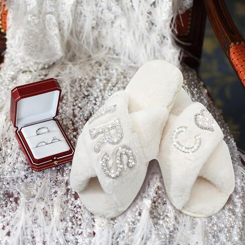Xtinmee Personalized Initial Wedding Bride Slippers MRS Pearl Letter Makeup Bag Bridal Shower Gifts for Wedding Day (S) in Saudi Arabia