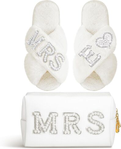 Xtinmee Personalized Initial Wedding Bride Slippers MRS Pearl Letter Makeup Bag Bridal Shower Gifts for Wedding Day (S) in Saudi Arabia
