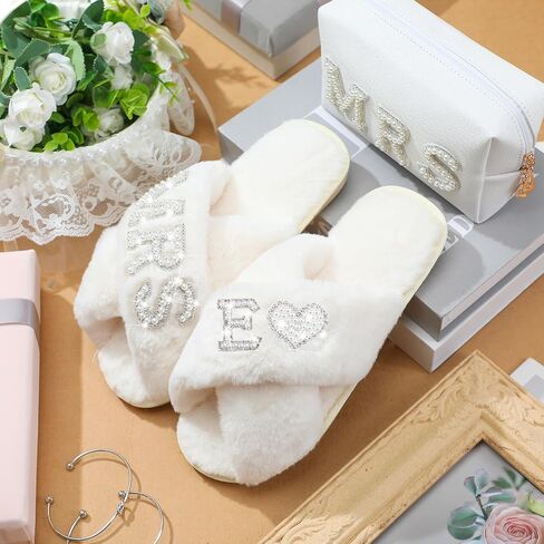Xtinmee Personalized Initial Wedding Bride Slippers MRS Pearl Letter Makeup Bag Bridal Shower Gifts for Wedding Day (S) in Saudi Arabia