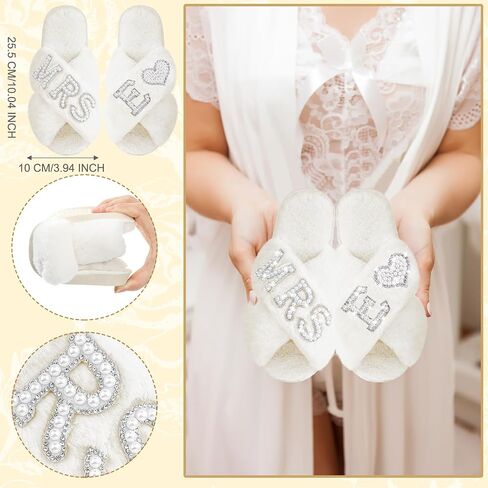 Xtinmee Personalized Initial Wedding Bride Slippers MRS Pearl Letter Makeup Bag Bridal Shower Gifts for Wedding Day (S) in Saudi Arabia