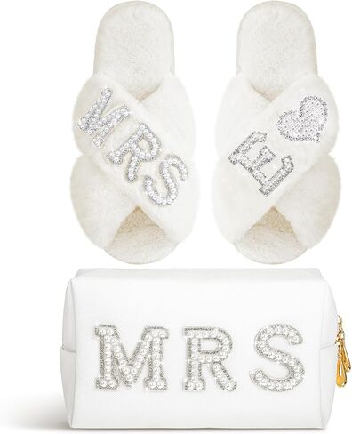 Xtinmee Personalized Initial Wedding Bride Slippers MRS Pearl Letter Makeup Bag Bridal Shower Gifts for Wedding Day (S) in Saudi Arabia