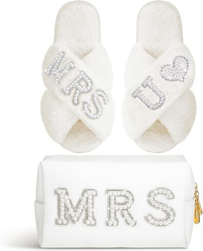 Xtinmee Personalized Initial Wedding Bride Slippers MRS Pearl Letter Makeup Bag Bridal Shower Gifts for Wedding Day (S) in Saudi Arabia