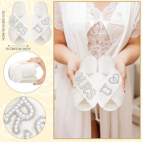 Xtinmee Personalized Initial Wedding Bride Slippers MRS Pearl Letter Makeup Bag Bridal Shower Gifts for Wedding Day (S) in Saudi Arabia