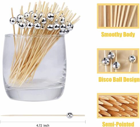 150 Pieces Cocktail Picks Disco Ball Decorative Toothpicks Fancy Bamboo Cocktail Skewers for Appetizers Drinks Food Disco Party Decorations 70s Supplies Silver Wooden Cocktail Sticks in Saudi Arabia