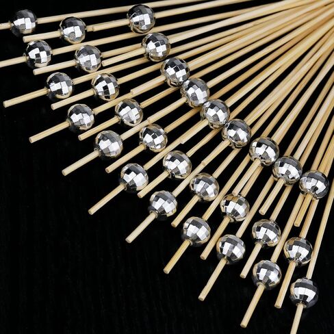 150 Pieces Cocktail Picks Disco Ball Decorative Toothpicks Fancy Bamboo Cocktail Skewers for Appetizers Drinks Food Disco Party Decorations 70s Supplies Silver Wooden Cocktail Sticks in Saudi Arabia