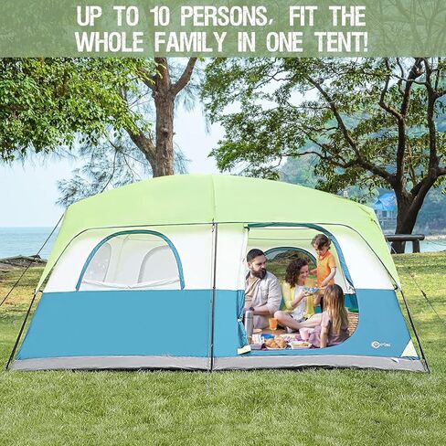 خيمة كابينة PORTAL تتسع لـ 10 أشخاص، خيمة تخييم عائلية سهلة الإعداد، مقاومة للماء/الرياح/غرفتين/خيمة نوافذ شبكية كبيرة مع حقيبة حمل، خيمة عائلية للتخييم/المشي لمسافات طويلة، أزرق/أخضر in Kuwait