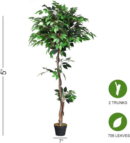 luarane 5 قدم اللبخ الاصطناعي شجرة بانيان في وعاء الحضانة، النباتات الخضراء وهمية واقعية النباتات الخضراء الأشجار الزخرفية مع أوراق خضراء داكنة، الاسمنت بوعاء النباتات الداخلية في الهواء الطلق للمنزل، مكتب in Kuwait