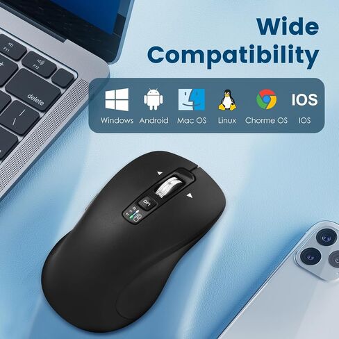 ماوس بلوتوث لاسلكي (USB + BT1 + BT2)، ماوس بالحجم الكامل، تمرير بأربعة اتجاهات، ماوس صامت متعدد الأجهزة للكمبيوتر والكمبيوتر المحمول والآيباد وماك بوك (أسود) in Kuwait