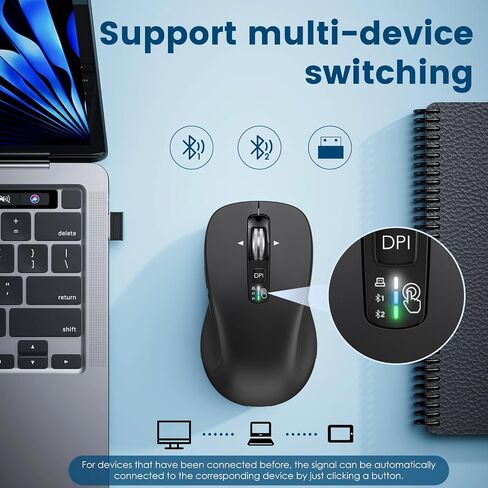 ماوس بلوتوث لاسلكي (USB + BT1 + BT2)، ماوس بالحجم الكامل، تمرير بأربعة اتجاهات، ماوس صامت متعدد الأجهزة للكمبيوتر والكمبيوتر المحمول والآيباد وماك بوك (أسود) in Kuwait