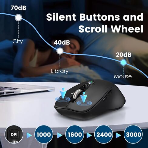 ماوس بلوتوث لاسلكي (USB + BT1 + BT2)، ماوس بالحجم الكامل، تمرير بأربعة اتجاهات، ماوس صامت متعدد الأجهزة للكمبيوتر والكمبيوتر المحمول والآيباد وماك بوك (أسود) in Kuwait