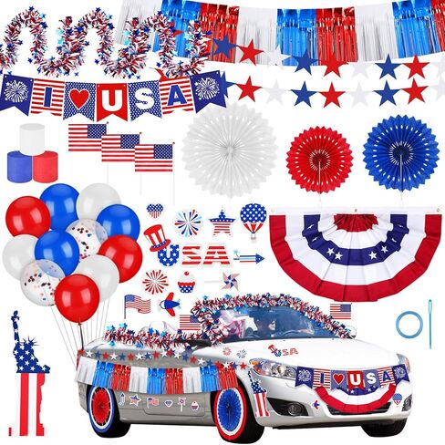 4th of July Parade Patriotic Car Decoration Kit Reflective Magnets Red White Blue Tinsel Garlands American Flag Crepe Paper Streamers Balloons Banners Paper Fans for Independence Day Favor in Saudi Arabia