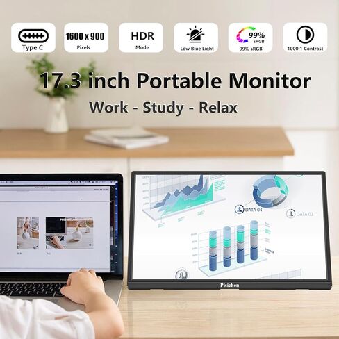 شاشة محمولة 17.3 بوصة HD 1600x900 HDMI USB Type-C للكمبيوتر المحمول، شاشة خارجية ثانية للكمبيوتر المكتبي Ras Pi، مسند مدمج in Kuwait