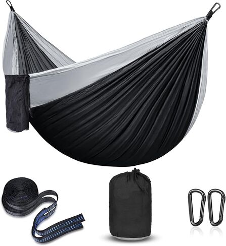 Hammock Camping - Portable Single/Double Hammocks for Outdoor Hiking Travel Backpacking - 210D Nylon Hammock Swing for Backyard & Garden Tree Straps -Khaki/Green (Black/Gray) in Saudi Arabia
