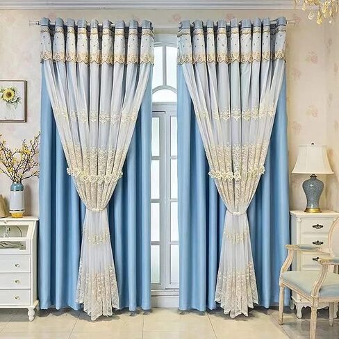 Amidoudou 1 Pair European Double Layer Curtains with Valances for Living Room Bedroom Luxury 3D Flower Embroidered Curtains (Beige,52x84 Inch) in Kuwait