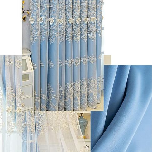 Amidoudou 1 Pair European Double Layer Curtains with Valances for Living Room Bedroom Luxury 3D Flower Embroidered Curtains (Beige,52x84 Inch) in Kuwait