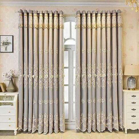 Amidoudou 1 Pair European Double Layer Curtains with Valances for Living Room Bedroom Luxury 3D Flower Embroidered Curtains (Beige,52x84 Inch) in Kuwait