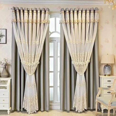 Amidoudou 1 Pair European Double Layer Curtains with Valances for Living Room Bedroom Luxury 3D Flower Embroidered Curtains (Beige,52x84 Inch) in Kuwait
