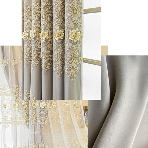 Amidoudou 1 Pair European Double Layer Curtains with Valances for Living Room Bedroom Luxury 3D Flower Embroidered Curtains (Beige,52x84 Inch) in Kuwait