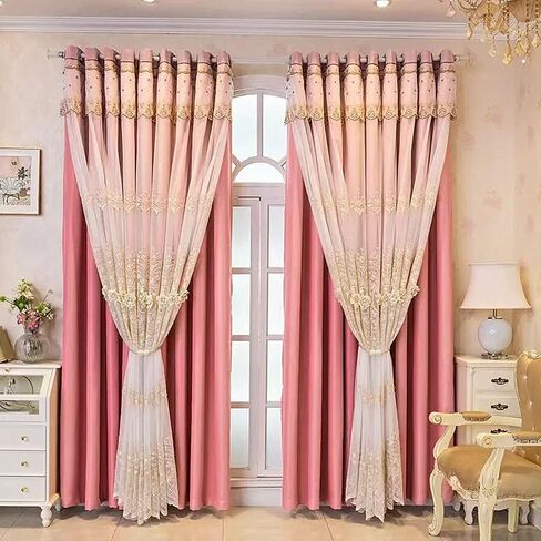 Amidoudou 1 Pair European Double Layer Curtains with Valances for Living Room Bedroom Luxury 3D Flower Embroidered Curtains (Beige,52x84 Inch) in Kuwait