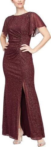 S.L. Fashions Women's Glitter Mesh Stretch Dress W/Shoulder Embellishment Formal Long Gown, (Petite and Regular Sizes) in Saudi Arabia