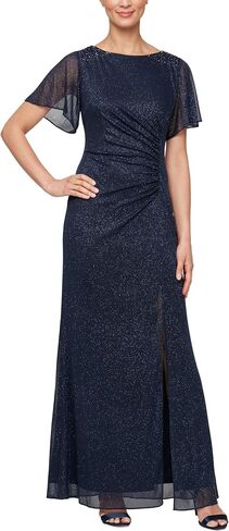 S.L. Fashions Women's Glitter Mesh Stretch Dress W/Shoulder Embellishment Formal Long Gown, (Petite and Regular Sizes) in Saudi Arabia