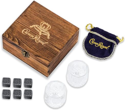 هدايا الويسكي لعيد الأب للرجال مجموعة من زجاج وحجر التاج الملكي من بوربون | مجموعة صندوق خشبي مكون من 2 كؤوس بحجم 2.7 أونصة مع 6 أحجار تبريد من صخور الويسكي | تتضمن الحقيبة المخملية ذات التاج الملكي المتوافقة in Kuwait