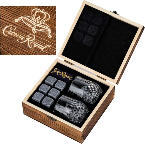 هدايا الويسكي لعيد الأب للرجال مجموعة من زجاج وحجر التاج الملكي من بوربون | مجموعة صندوق خشبي مكون من 2 كؤوس بحجم 2.7 أونصة مع 6 أحجار تبريد من صخور الويسكي | تتضمن الحقيبة المخملية ذات التاج الملكي المتوافقة in Kuwait