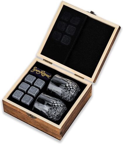 هدايا الويسكي لعيد الأب للرجال مجموعة من زجاج وحجر التاج الملكي من بوربون | مجموعة صندوق خشبي مكون من 2 كؤوس بحجم 2.7 أونصة مع 6 أحجار تبريد من صخور الويسكي | تتضمن الحقيبة المخملية ذات التاج الملكي المتوافقة in Kuwait