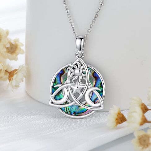 قلادة آلهة القمر الثلاثي 925 من الفضة الاسترليني قلادة الويكا الوثنية مع عقدة سلتيك الثالوث قلادة أذن البحر شل قلادة مجوهرات ساحرة هدية للنساء والرجال in Kuwait