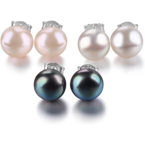 ZhenCai 3 Pairs Freshwater Pearl Stud Earrings for Women Girls Solid 925 Sterling Silver June Birthstone Studs Rhodium Plated Classic Style Fine Jewelry for Birthday Mother's Day