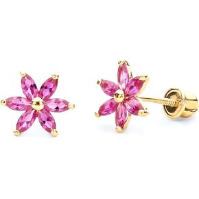 14k Yellow Gold Flower Stud Earrings with Screw Back - 3 Different Color Available