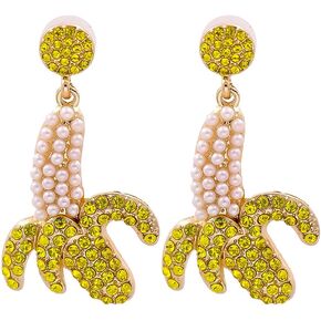 Yellow Banana Fruit Crystal Earrings Simulated Pearl Round Stud Earrings