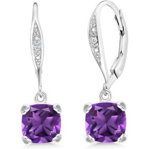 Gem Stone King 925 Sterling Silver Purple Amethyst and White Diamond Earrings For Women (2.81 Cttw, Gemstone February Birthstone, Cushion 7MM)