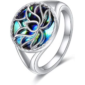 TIGER RIDER Lotus Flower Yoga Band Ring 925 Sterling Silver Ring with Abalone Shell, Size 7 8 9