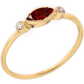 10K Yellow Gold, Marquise Cut Red Garnet & White Topaz Three Stone Bezel Set Milgrain Stackable Birthstone Engagement Ring