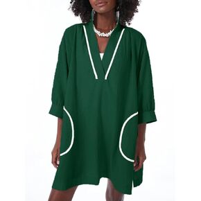 Saodimallsu Womens V Neck Swimsuit Coverup 3/4 Sleeve Color Block Oversized Cover ups Beach Mini Dress with Pockets