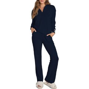 Herseas النساء سترة مجموعة 2 قطعة وتتسابق طويلة الأكمام متماسكة التلبيب الخامس الرقبة القمم عالية الخصر بنطال ذو قصة أرجل واسعة صالة مجموعات in Kuwait