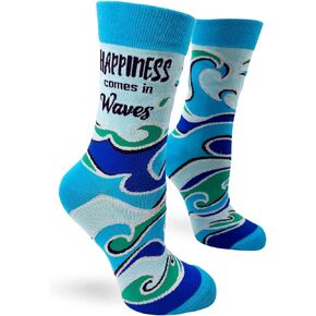 Fabdaz Happiness Comes in Waves Inspirational Saying Women's Novelty Crew Socks