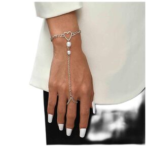 Boho Heart Finger Bracelet Silver Slave Bracelet Vintage Pearl Finger Chain Bracelet Summer Ring Bracelet Everyday Bracelet Hand Chain Jewelry for Women and Girls