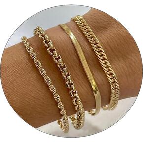 SUFOPE Dainty Bracelets for Women, 14k Gold Plated/Silver Layered Charms Bracelet Herringbone Satellite Beads Box Rope CZ Bracelet Adjustable Cuba Link Chain Bracelet Set Jewelry Gifts
