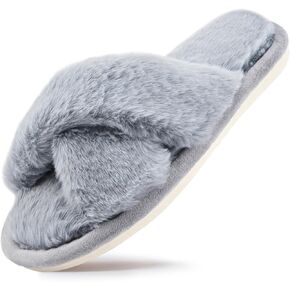 sharllen Women's Fuzzy Cross Band Slippers Open Toe Cozy Plush Furry Ladies Slippers Comfy Memory Foam Slides Slippers with Arch Support Fluffy House Slippers Home Bedroom Indoor Outdoor