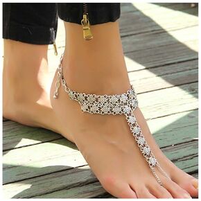 Boho Flower Barefoot Sandal Chain Anklets Silver Ankle Bracelet Toe Ring Anklet Vintage Tribal Anklet Bracelet Summer Foot Chain Jewelry for Women and Girls Beach Gifts