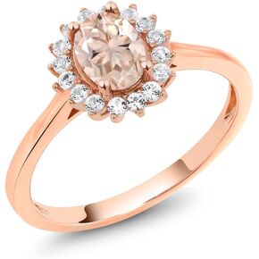 Gem Stone King 10K Rose Gold Peach Morganite and White Created Sapphire Engagement Ring For Women (0.89 Cttw, Oval 7X5MM, Available in size 5, 6, 7, 8, 9)