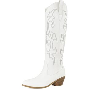 SO SIMPOK Womens Embroidered Pull On Cowboy Cowgirl Boots Chunky Heel Western Mid Calf Boots Riding Wedding Boots