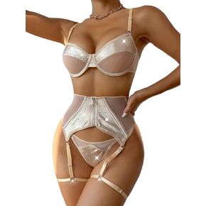 WDIRARA Women's Rhinestone Ring Linked Contrast Mesh Underwear Sleeveless Backless Lingerie Set