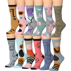 Tipi Toe Women's 12 Pairs Abstract Face Expressions Cool Warm Hues Cyan Blue Dark Green Lightweight Crew Socks, CR188-T1