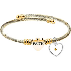 N/C Faith Heart Cable Wire Cuff Bracelet Bangle for Women Stainless Steel Twisted Cable Cuff with Mustard Seed ZY132