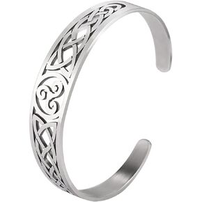 Celtic Knot Bracelet Viking Triskelion Triple Spiral Triskele Cuff Bracelet Bangle for Men Women Norse Stainless Steel Nordic Bangle Adjustable Open Amulet Jewelry Gifts (Silver)